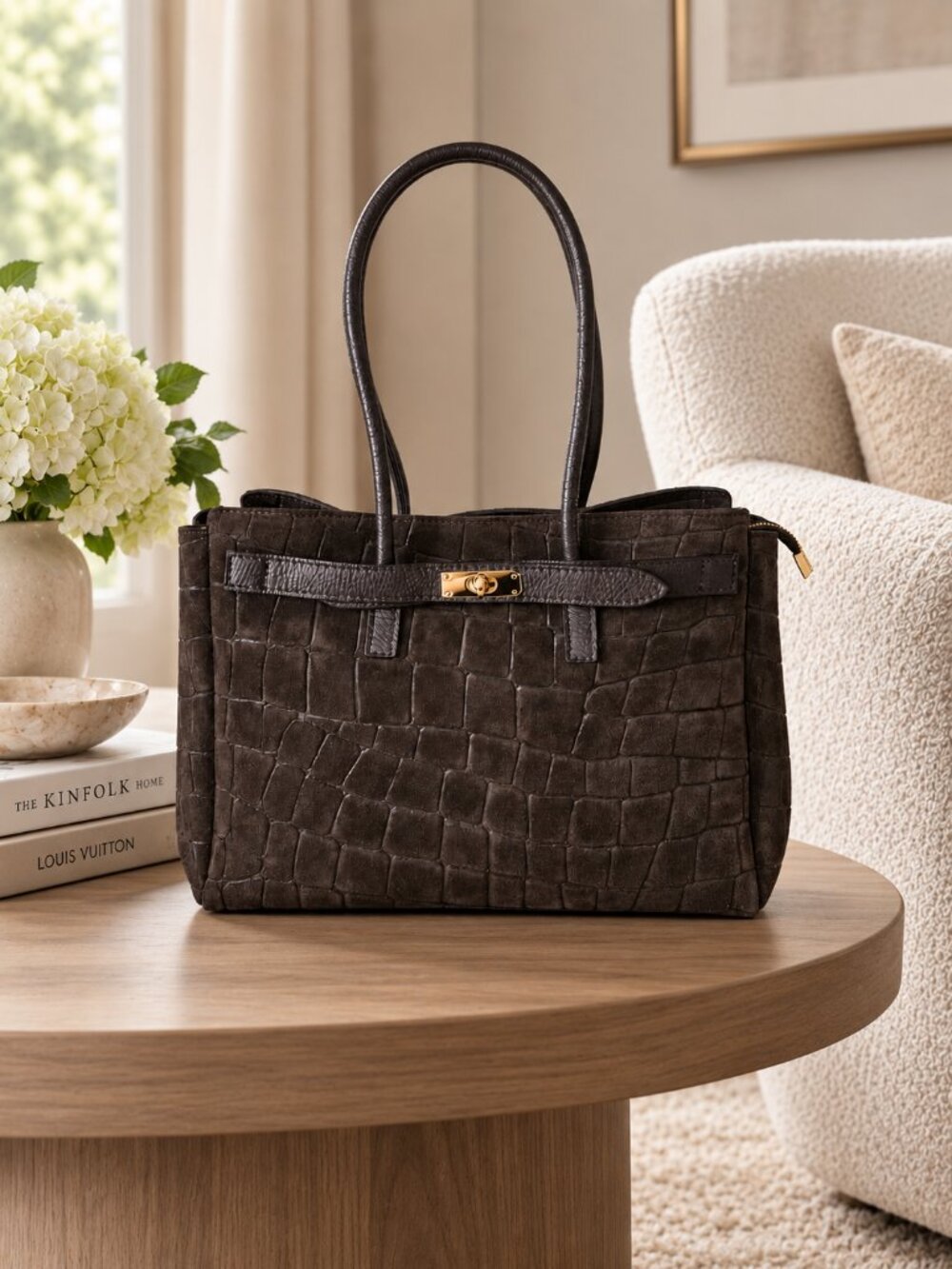 Dark Chocolate Suede Tote Bag, Croc Embossed Shoulder Bag, Medium Leather Tote